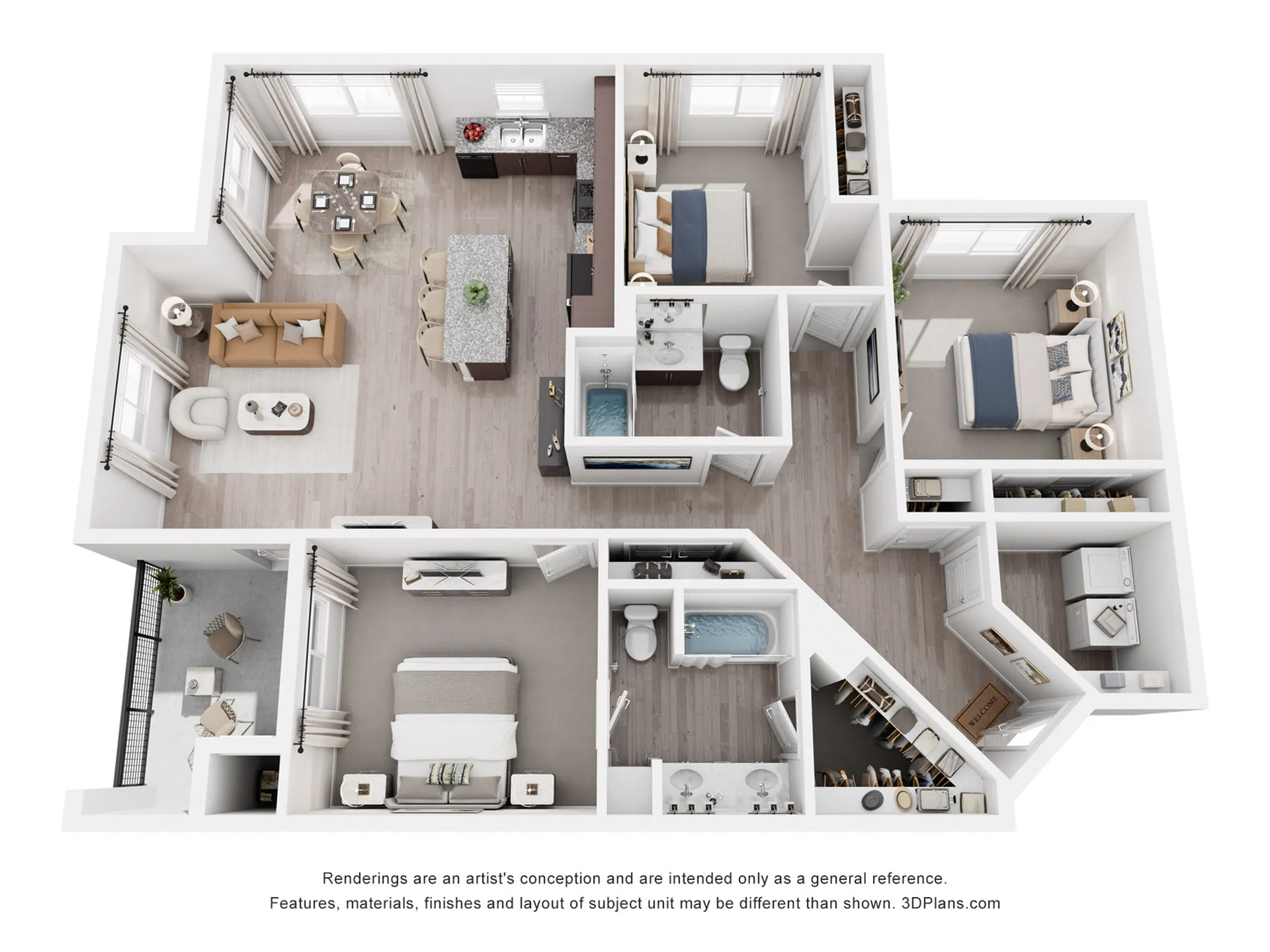 Contemporary 3D floor plan featuring 3 bedrooms, an open kitchen with island, stylish living and dining areas, and two modern bathrooms.