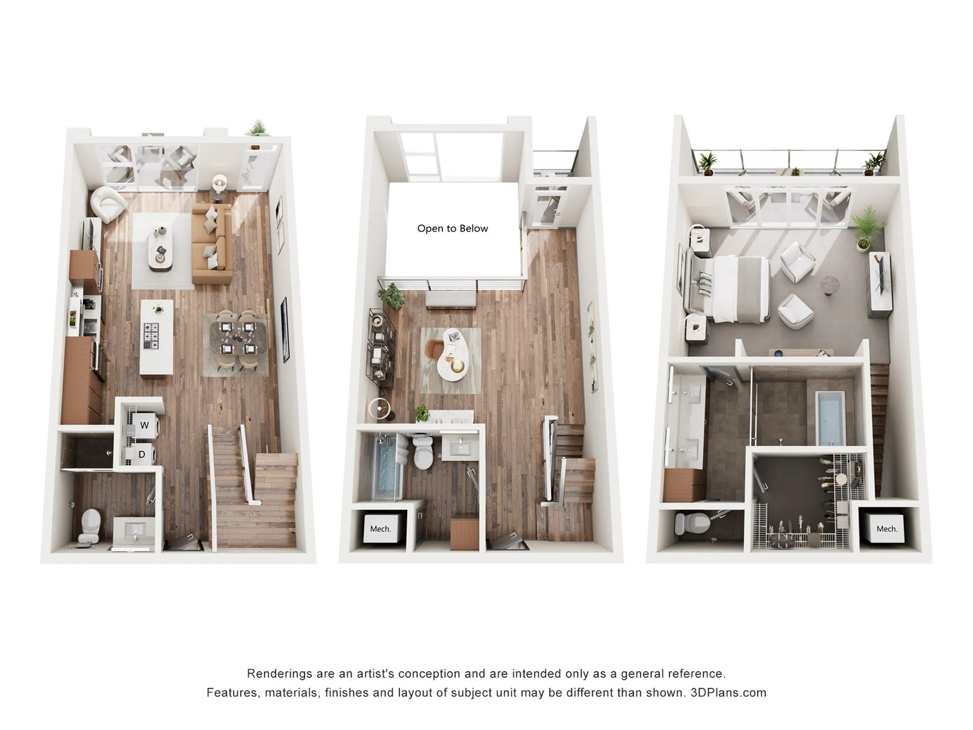 Elegant 3D floor plan of a stylish two-story apartment featuring open living space, modern kitchen, and cozy bedroom with balcony.