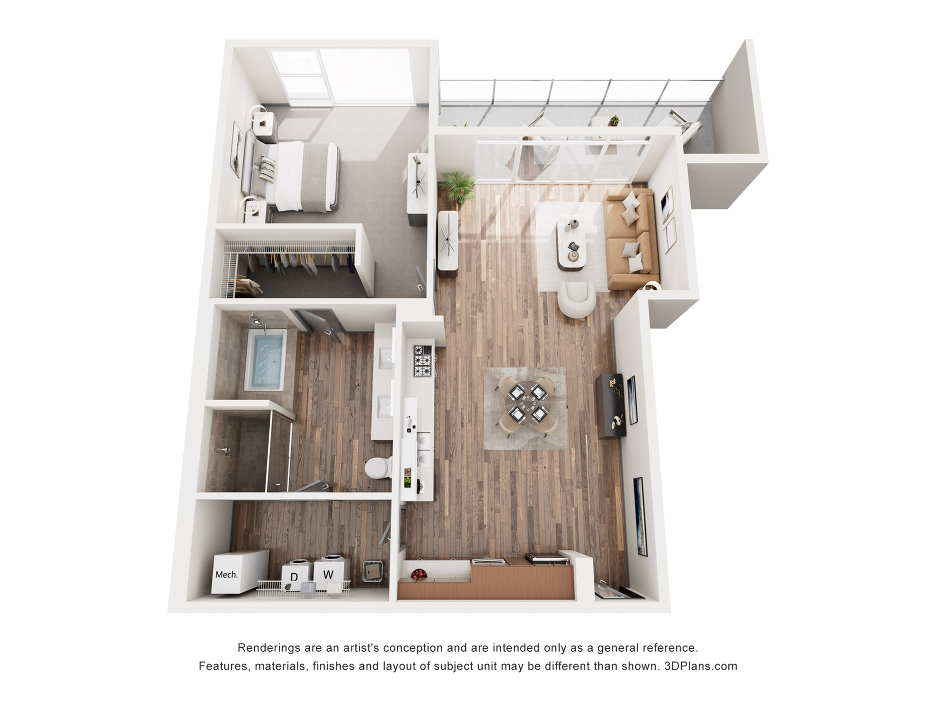 Chic 3D floor plan showcasing a spacious 1-bedroom apartment with an open-plan living room and kitchen, elegant bathroom, and cozy outdoor balcony.