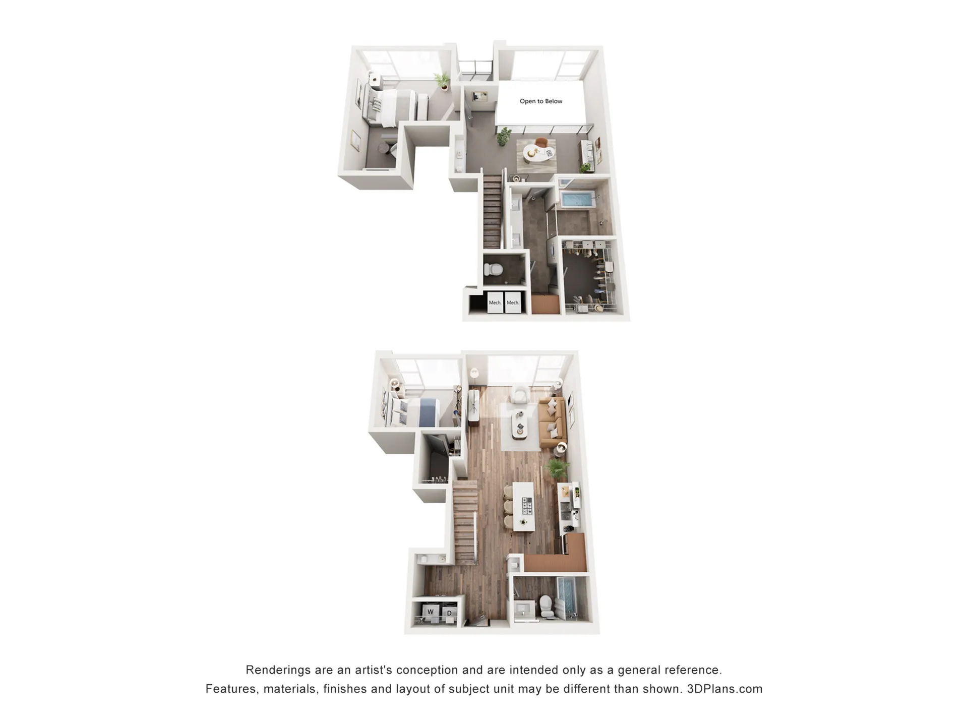Modern duplex floor plan showcasing two levels with sleek interior design. Features two bedrooms, an open-concept living space, and stylish bathrooms, ideal for contemporary living.