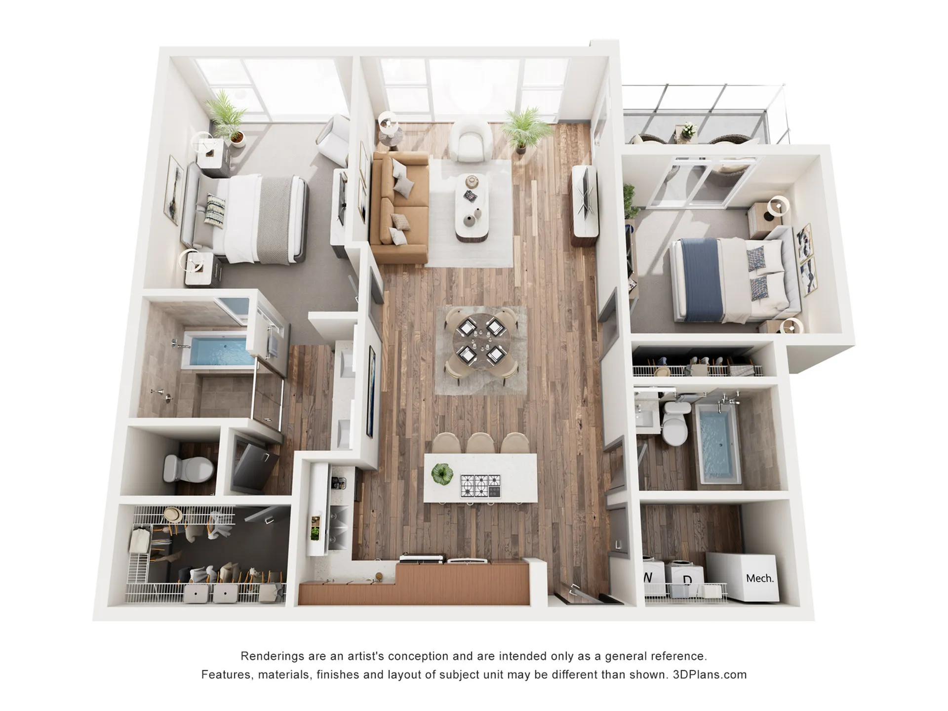 Elegant 3D floor plan showcasing a modern 2-bedroom apartment with open-concept living area, stylish kitchen, and private balcony.