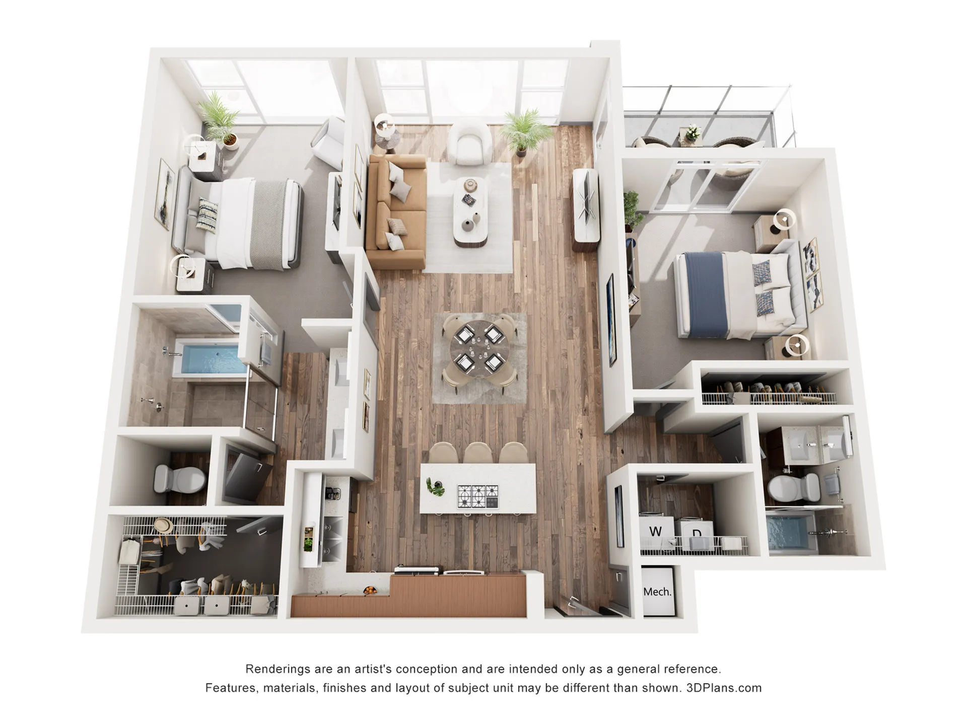Modern and elegant 3D floor plan showcasing 2 spacious bedrooms, an open-concept living room, and a stylish kitchen with an island. Features include two full bathrooms, a cozy balcony, and ample storage options.
