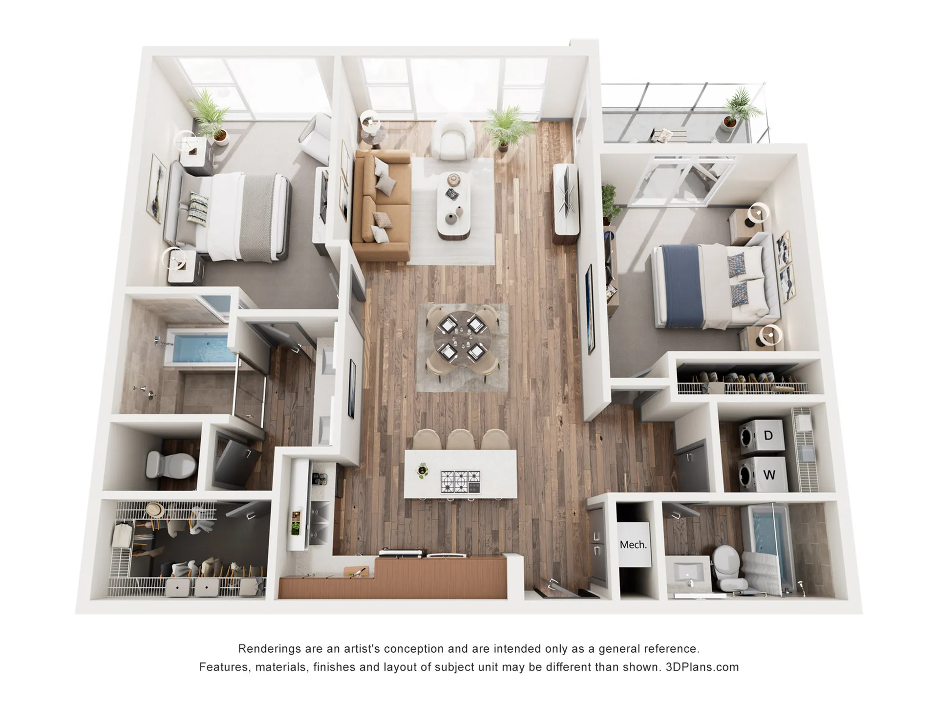 Modern 3D floor plan showcasing two cozy bedrooms, a stylish open living area, contemporary kitchen, and private balcony.