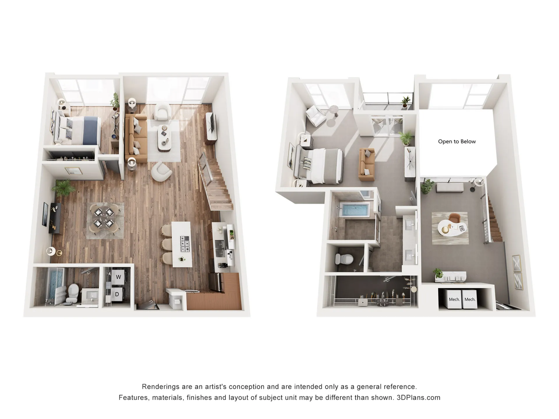 Elegant 3D floor plan showcasing a modern two-story layout with two bedrooms, cozy living area, sleek kitchen, and chic open-to-below space, ideal for stylish living.