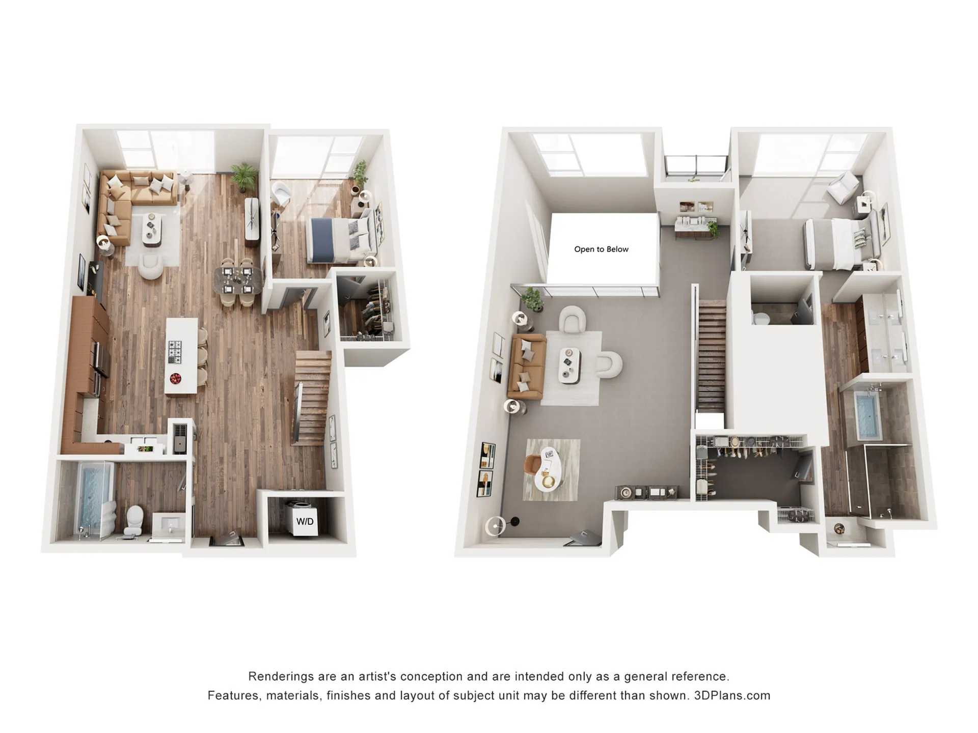 Modern 3D floor plan showcasing a stylish two-story apartment with open-concept living and dining areas, elegant kitchen, two bedrooms, home office space, and spacious bathrooms, emphasizing natural light and contemporary design.