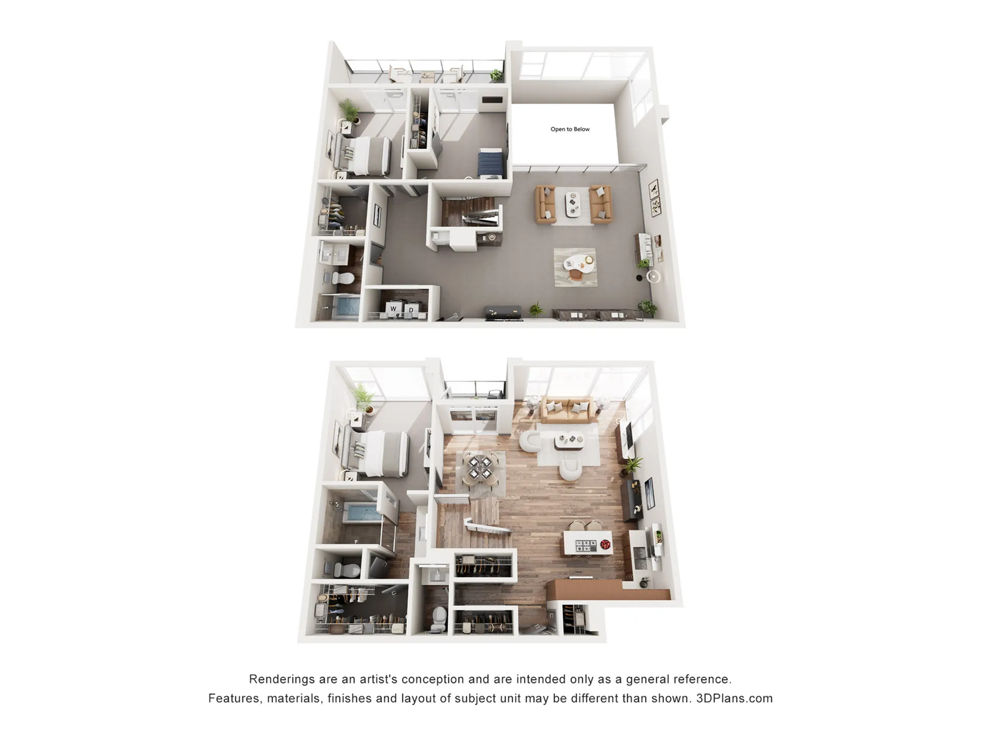 Elegant two-story floor plan with three bedrooms, modern open-concept living area, and stylish kitchen, perfect for contemporary living.