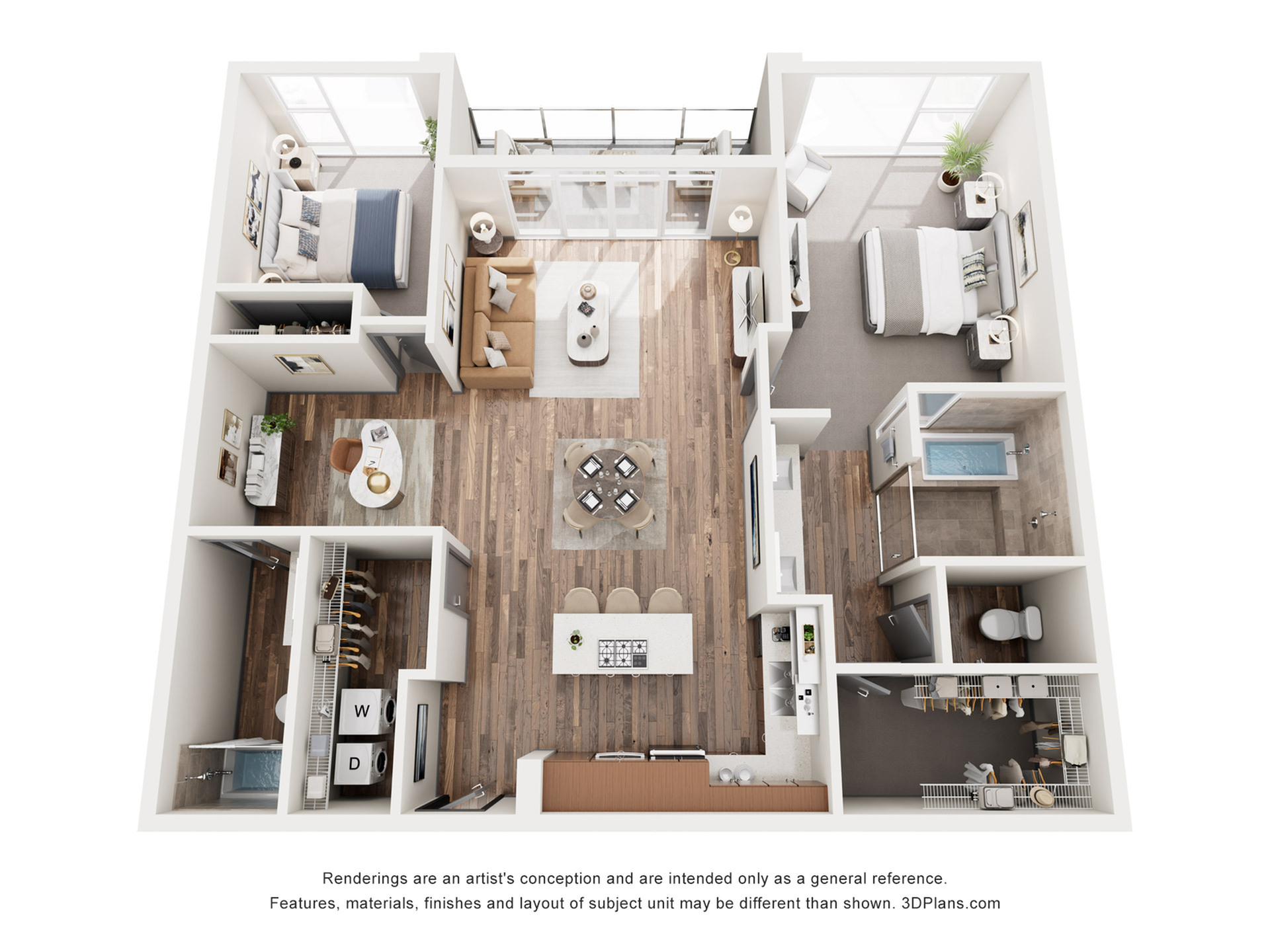 Chic and modern floor plan showcasing 2 spacious bedrooms, elegant open-concept living and dining area, stylish kitchen island, and two luxurious bathrooms. Bright interiors with natural light and ample storage space.