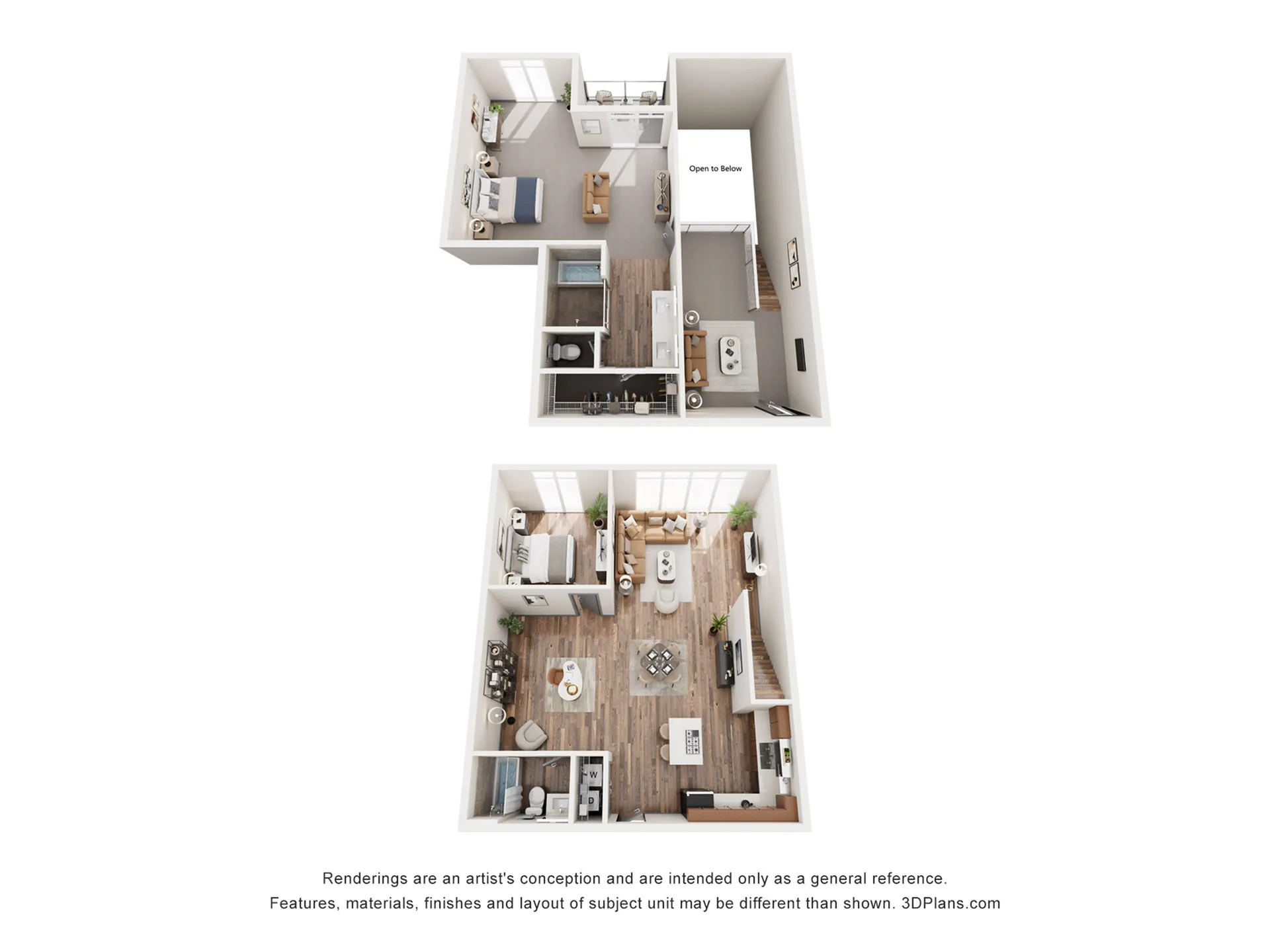 Modern duplex floor plan featuring two bedrooms, stylish open living and dining area, and spacious kitchen with ample natural light.