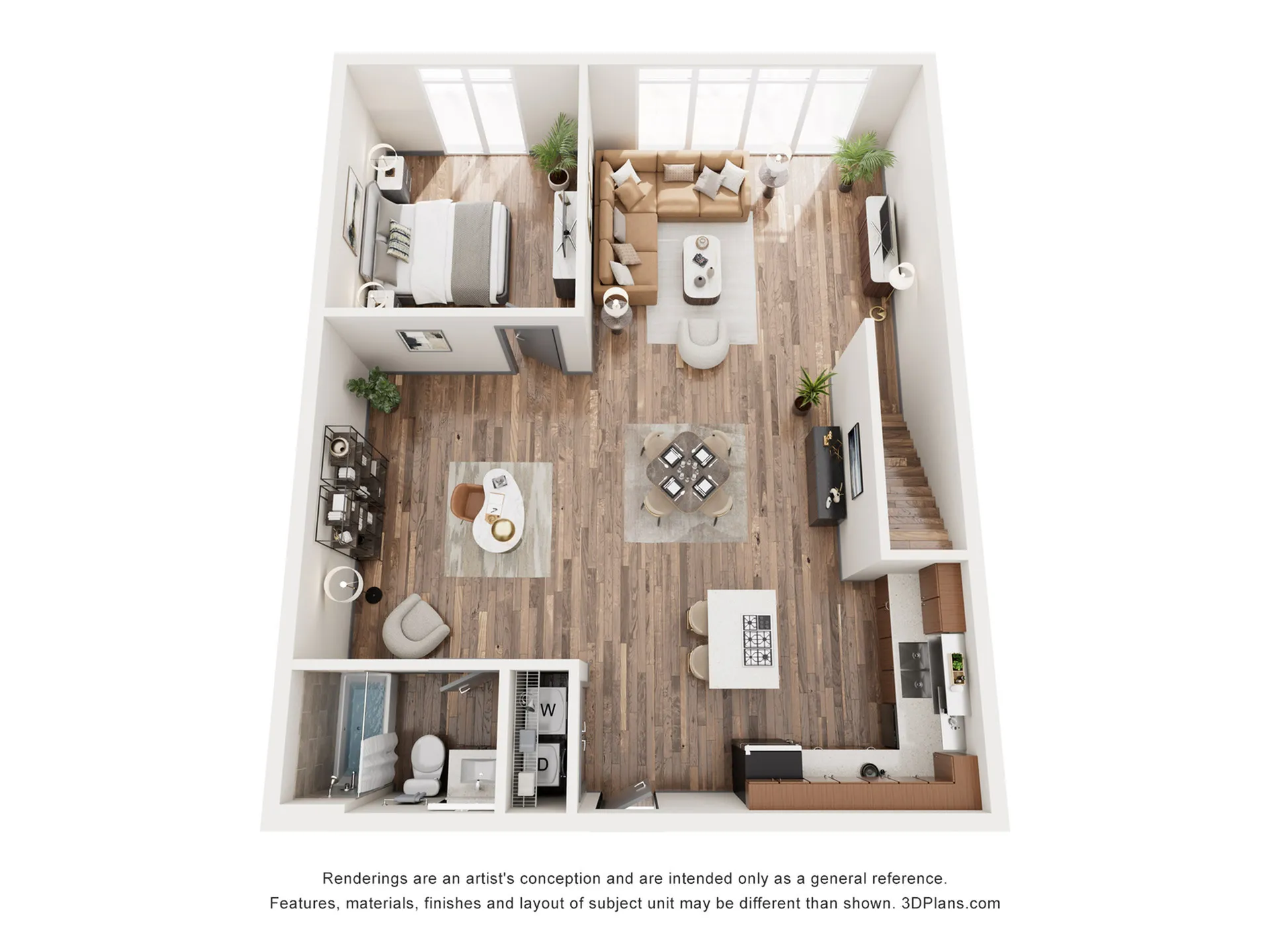 Elegant 3D floor plan showcasing a single bedroom, stylish open-concept living and dining area, and a modern kitchen with large windows.