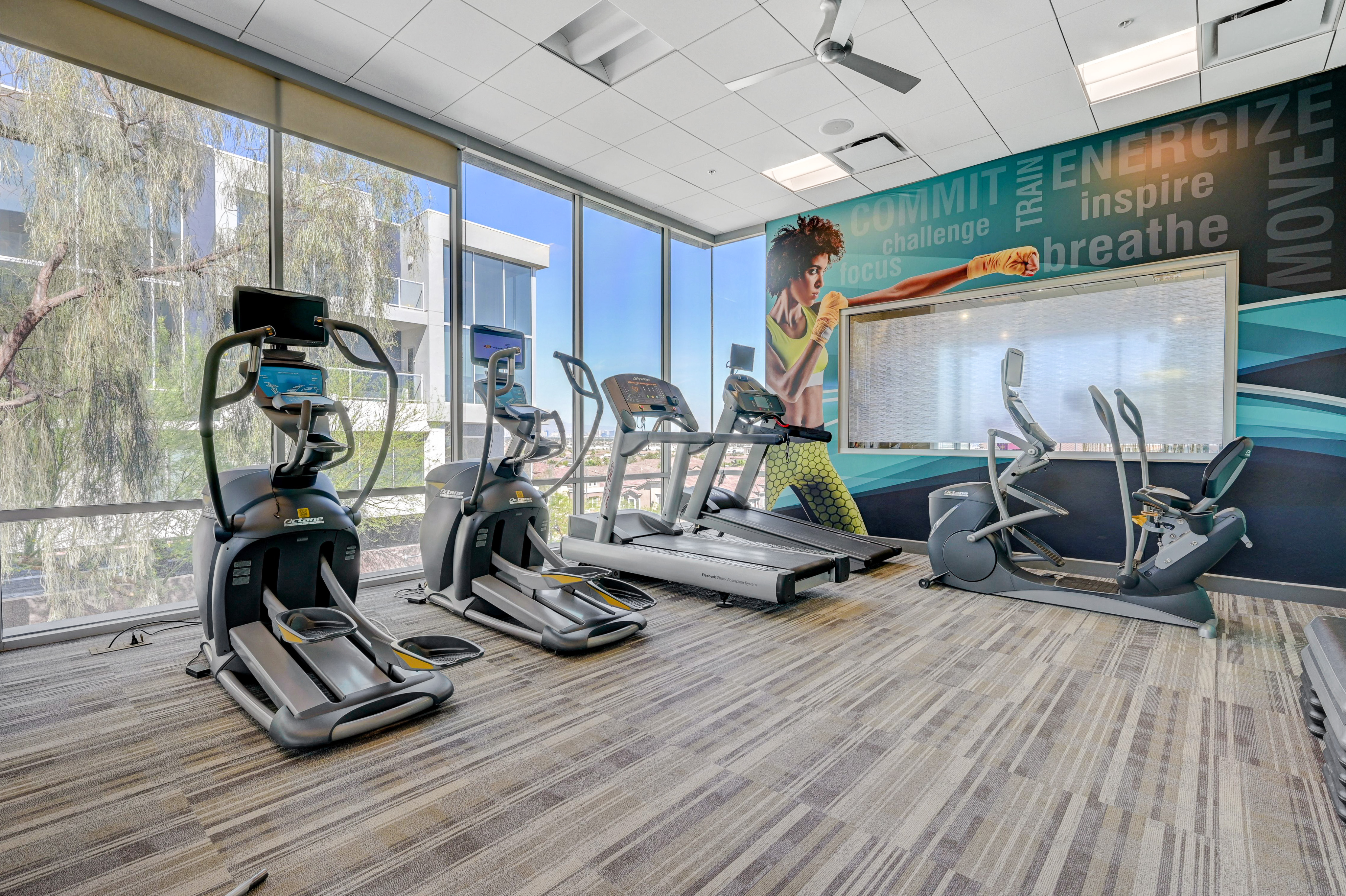 Modern fitness center with state-of-the-art gym equipment, vibrant wall art, and expansive windows offering natural light.