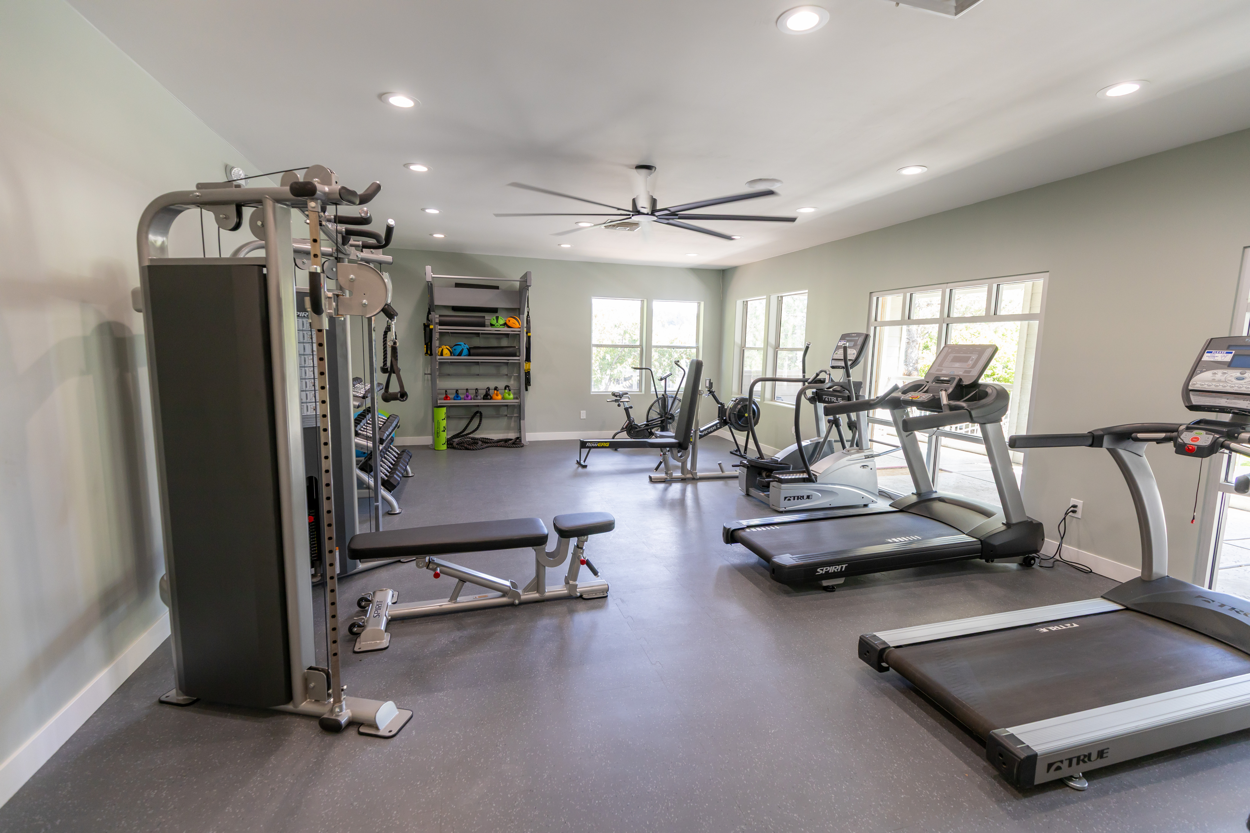 Bright and modern apartment gym featuring high-quality treadmills, versatile weight machines, and ample natural light for an enjoyable workout experience.