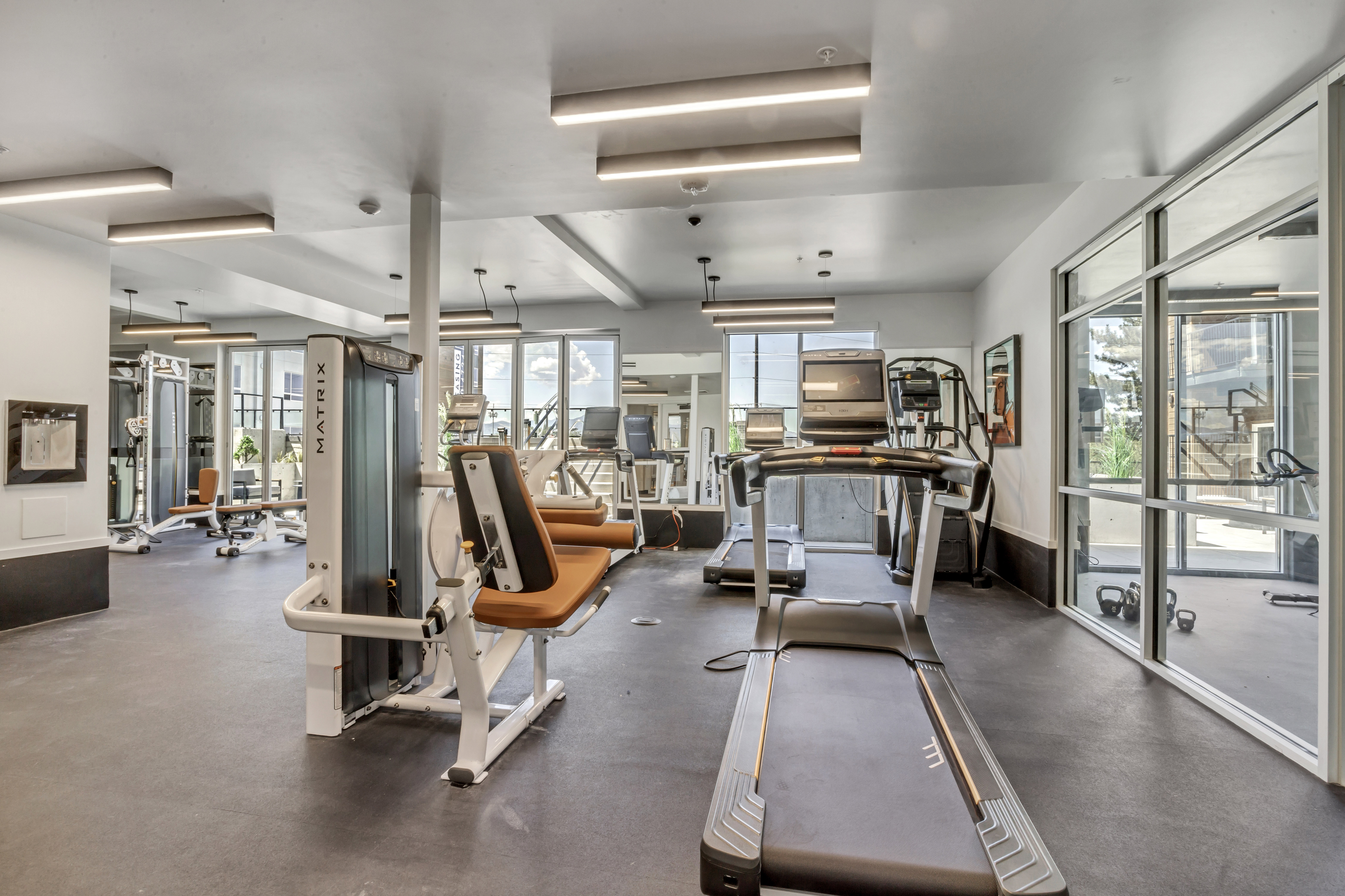 Modern fitness center with state-of-the-art equipment, treadmills, and expansive windows for natural light.