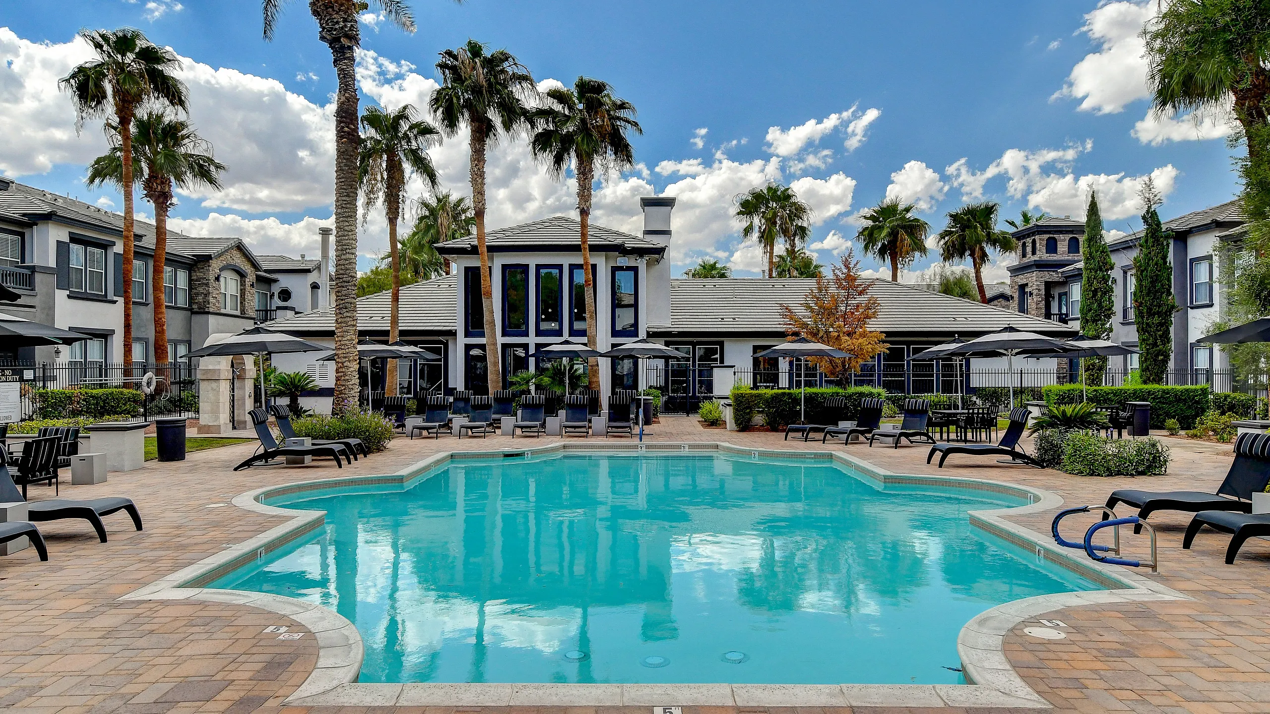 Luxurious resort-style pool area with elegant lounge chairs and lush palm trees, perfect for relaxation and leisure.