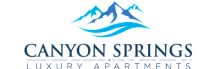 Elegant Canyon Springs Luxury Apartments logo featuring stylized blue mountains, symbolizing serene and upscale living.