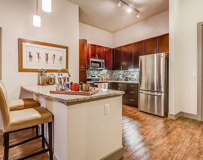 Modern kitchen with sleek stainless steel appliances, granite countertops, and elegant bar seating, accented by warm hardwood floors and chic pendant lighting.