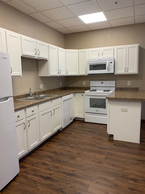 Modern kitchen with sleek white cabinets, wood flooring, and energy-efficient appliances.