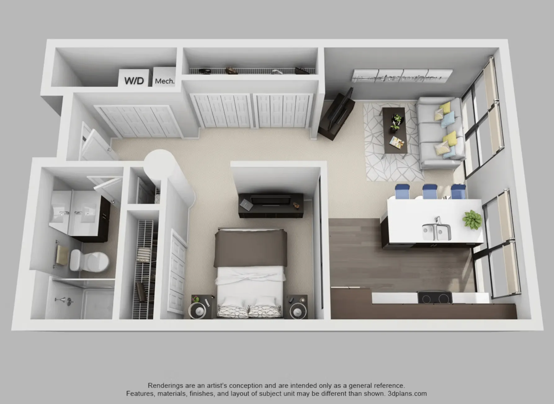 Modern studio apartment floor plan featuring an open-concept living room and kitchen, spacious bathroom, and in-unit laundry.