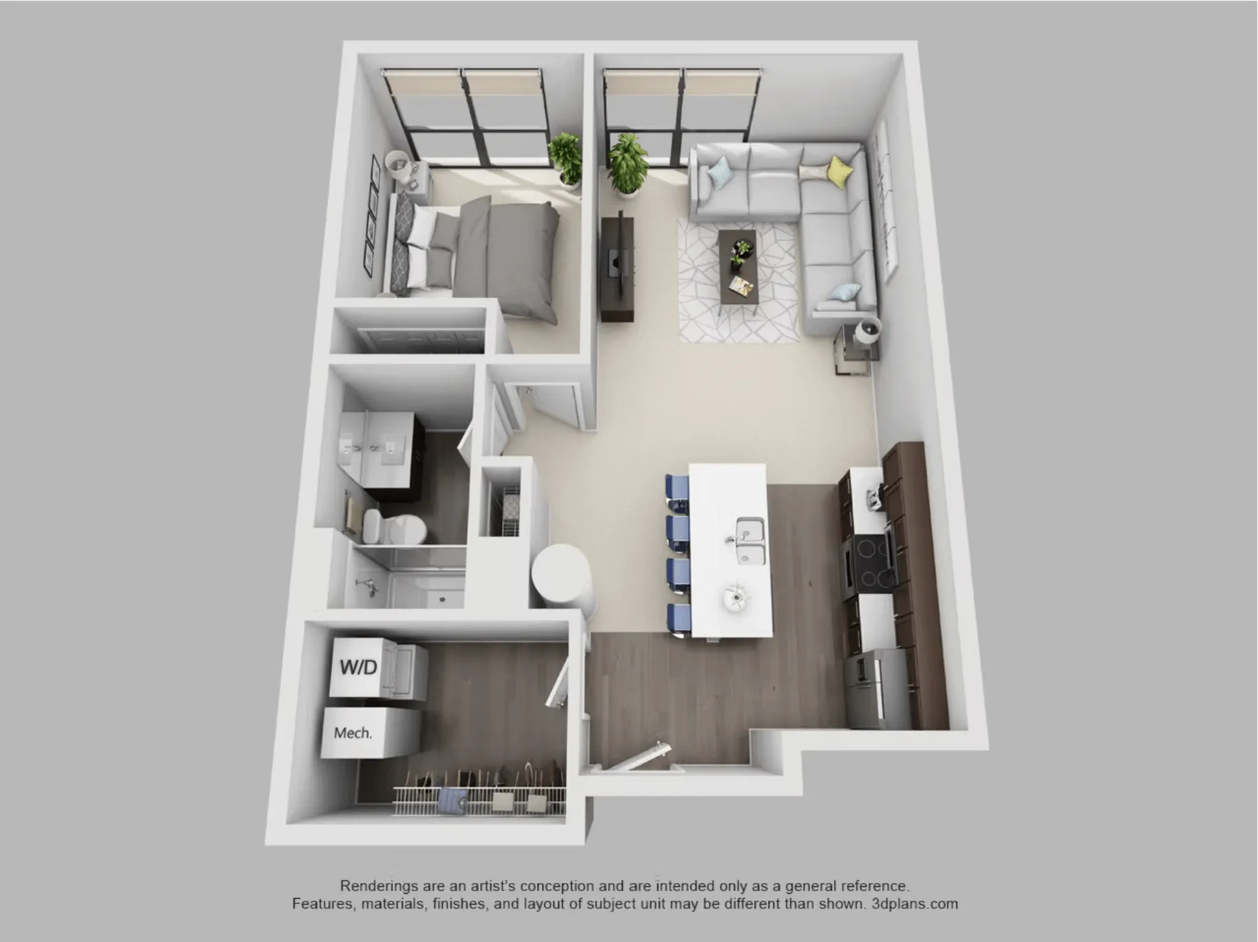 Modern 3D floor plan featuring one bedroom, an open living room, a sleek kitchen with island seating, and a stylish bathroom. Includes a laundry area with washer and dryer.