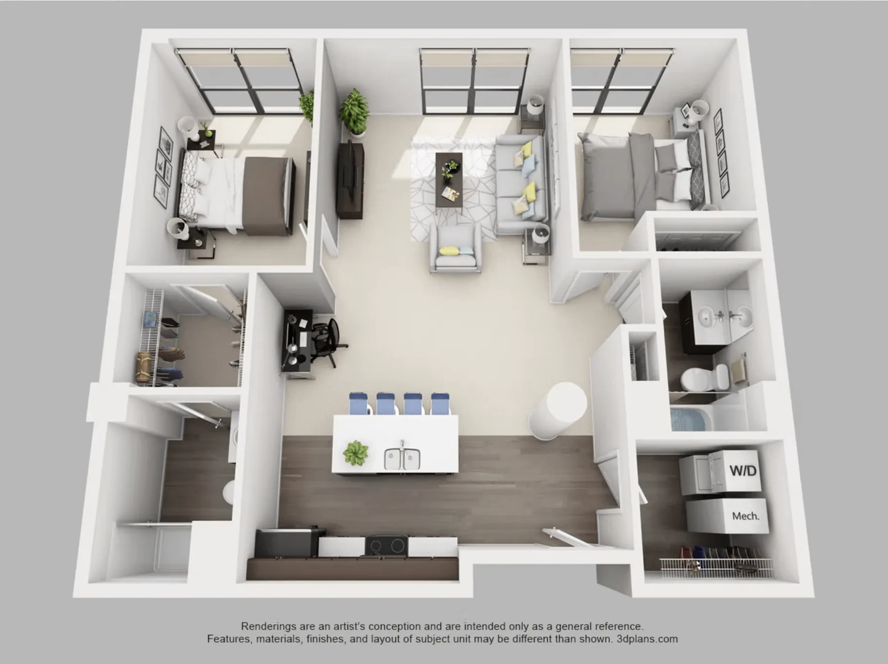Elegant 3D floor plan showcasing a modern 2-bedroom apartment with an open-concept living room, sleek kitchen island, and two stylish bathrooms.