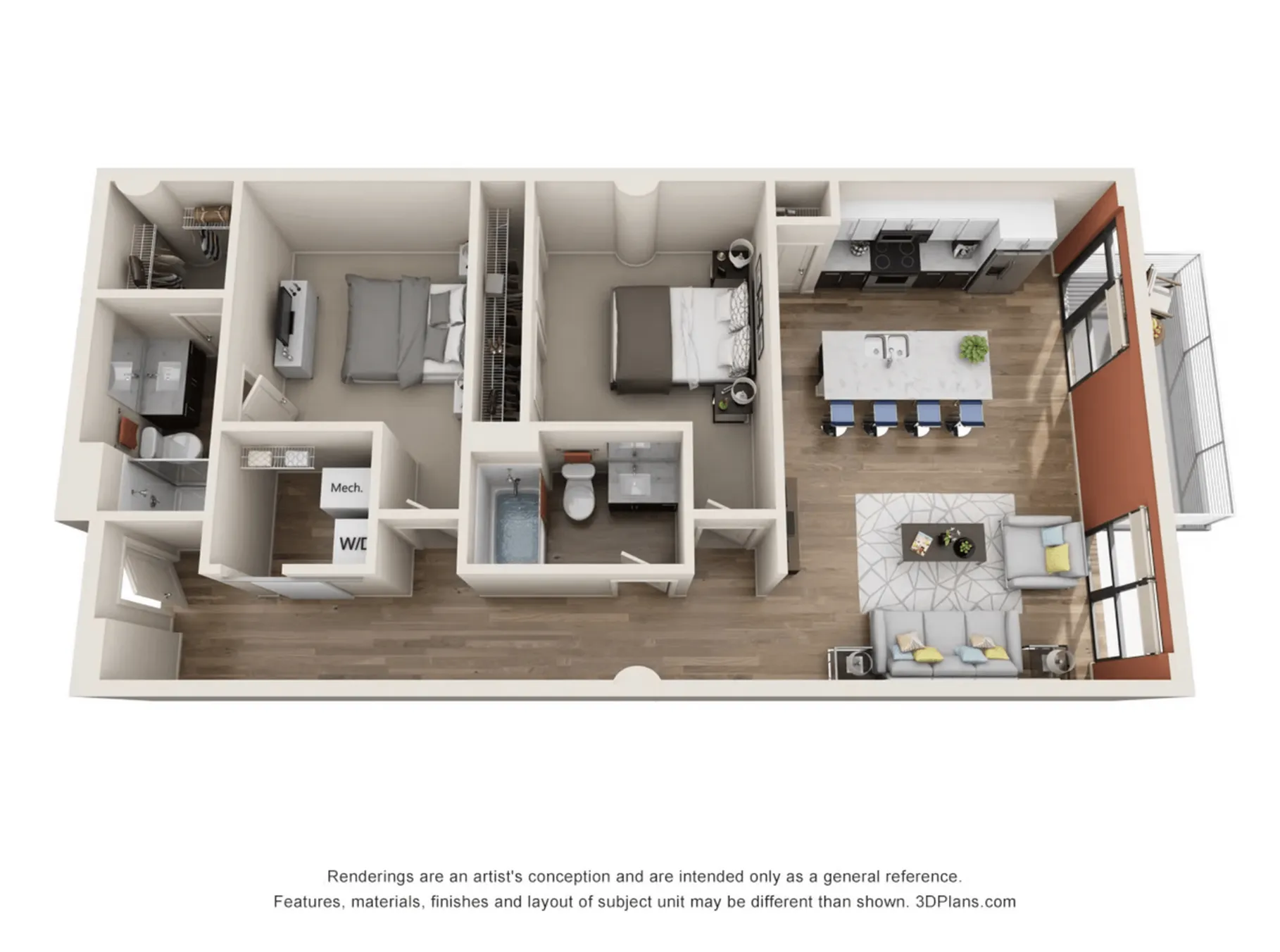 Sleek 3D floor plan showcasing a modern apartment with 2 bedrooms, an open kitchen with island seating, and a cozy living room leading to a balcony.