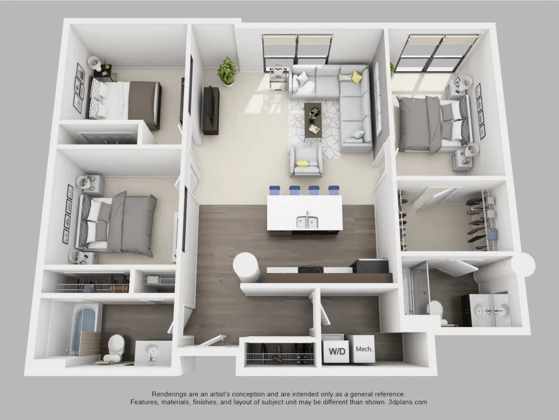 Modern 3D floor plan showcasing 3 bedrooms, a stylish living room, and a contemporary kitchen with a breakfast bar.