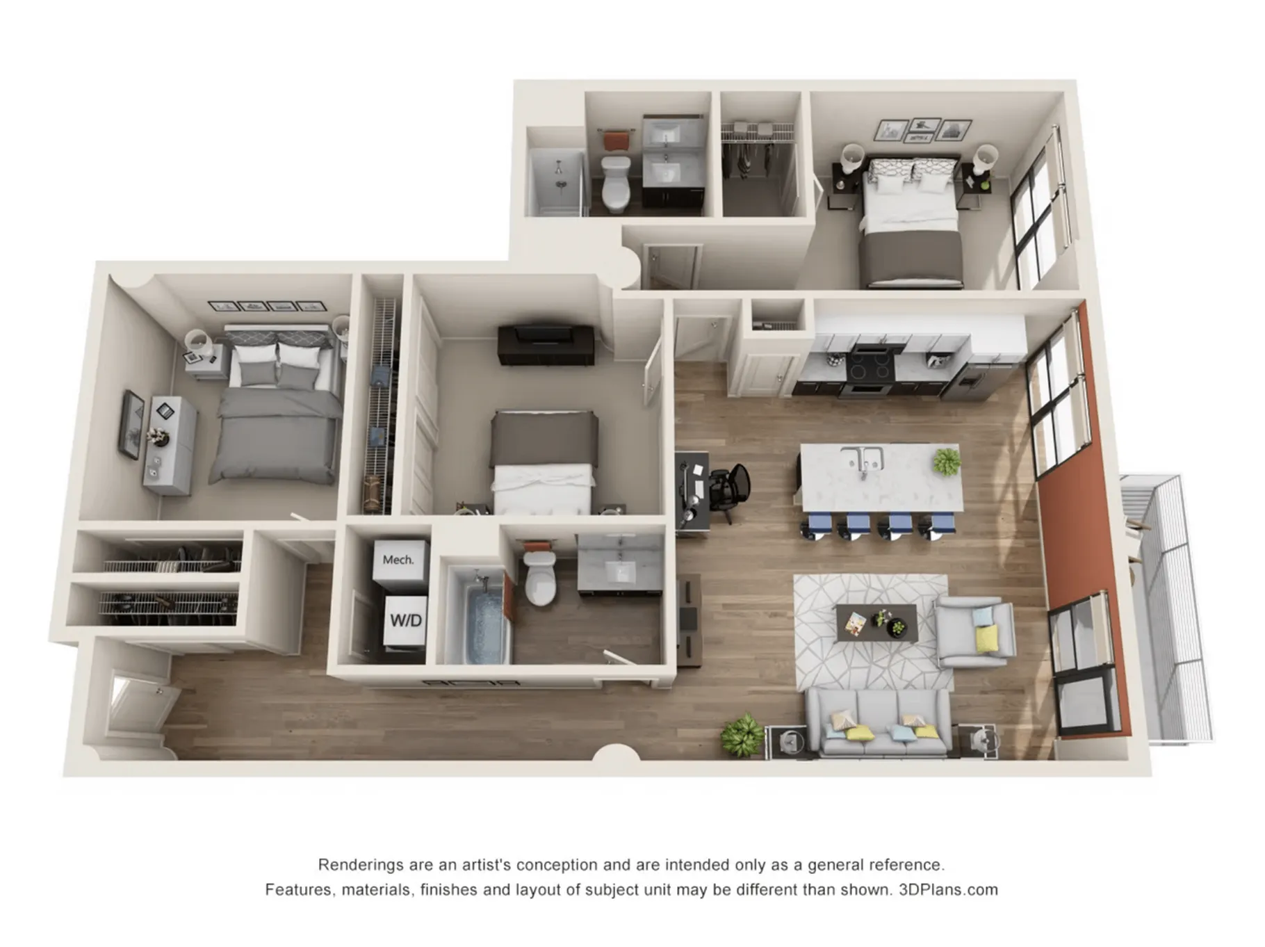 Modern 3D floor plan showcasing 2 bedrooms, 2 bathrooms, open-concept kitchen, dining area with island seating, and cozy living room with ample natural light.