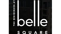 Elegant logo of The Residences at Belle Square, featuring modern typography against a subtle building background.