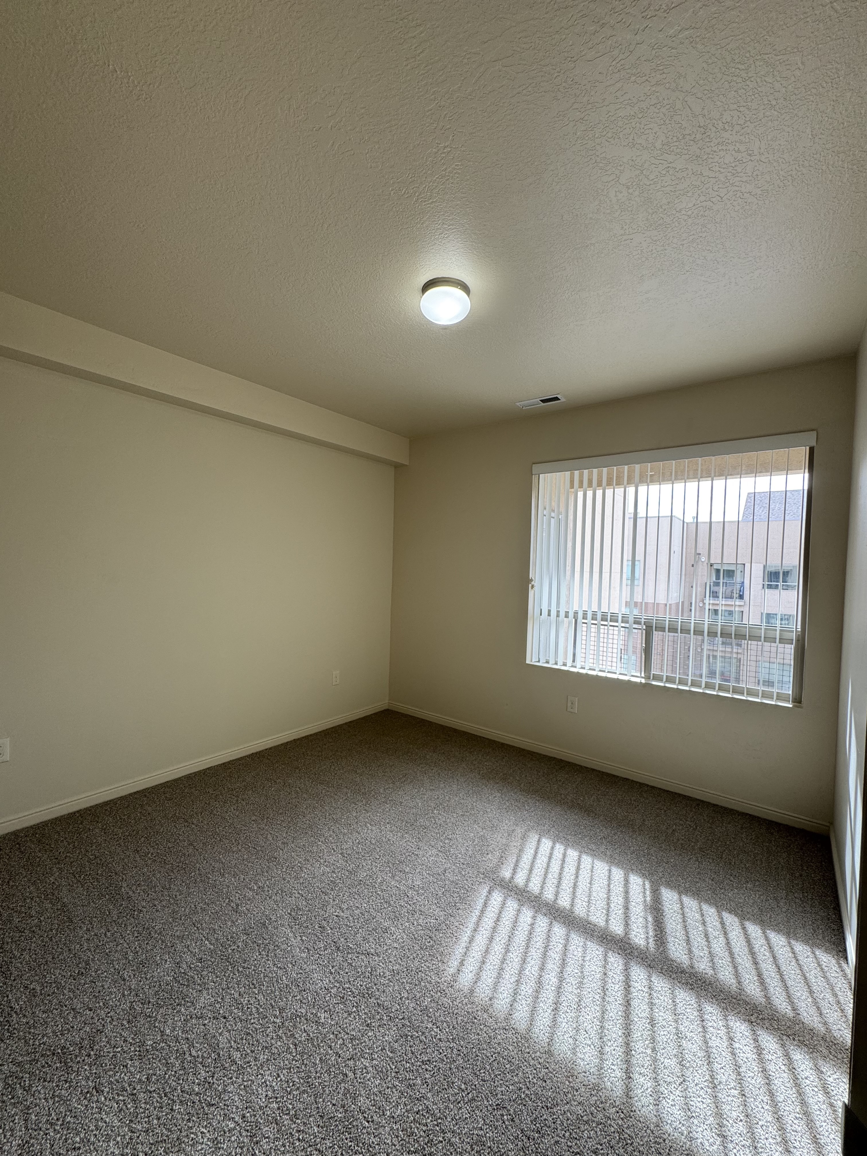 Bright and spacious bedroom with plush carpeting and large window allowing natural light.