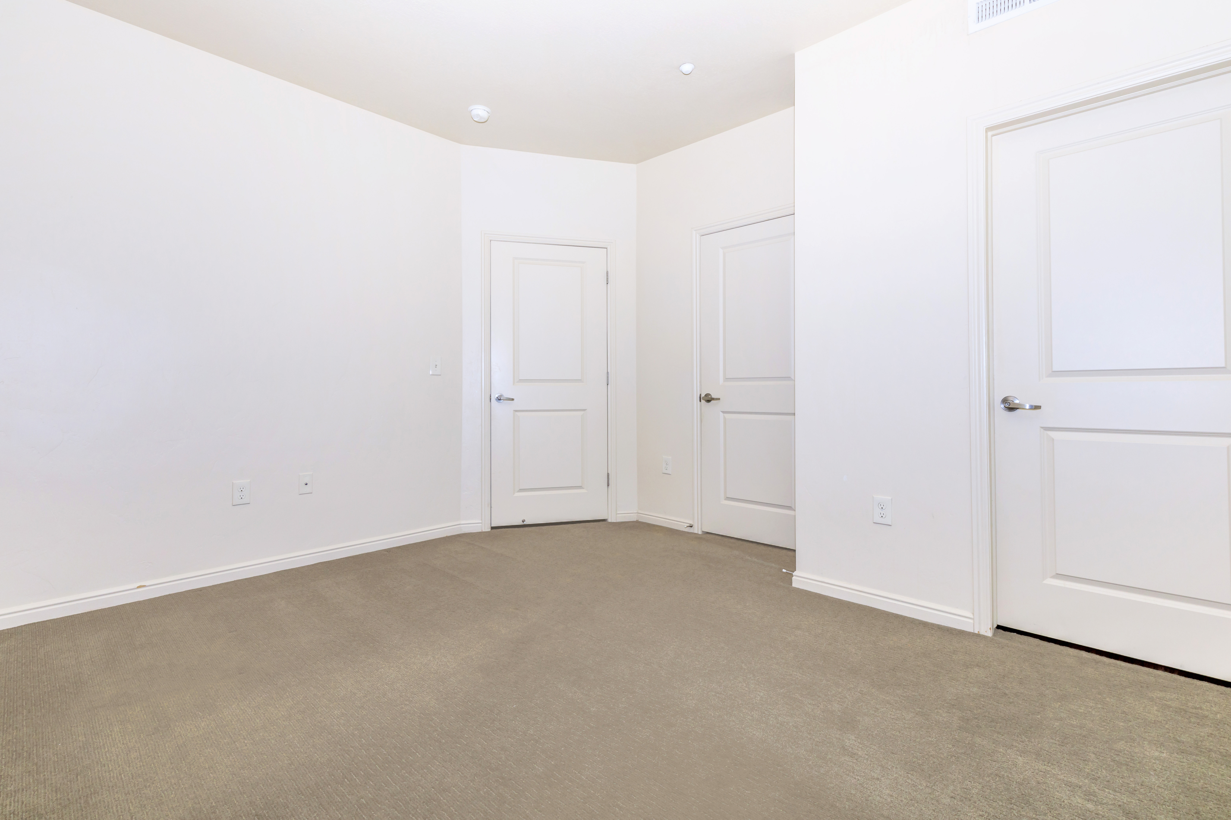 Bright and spacious room with clean white walls, plush carpet, and modern doors, perfect for customization.