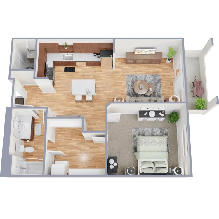 A 3-D image of a spacious 1-Bedroom floorplan