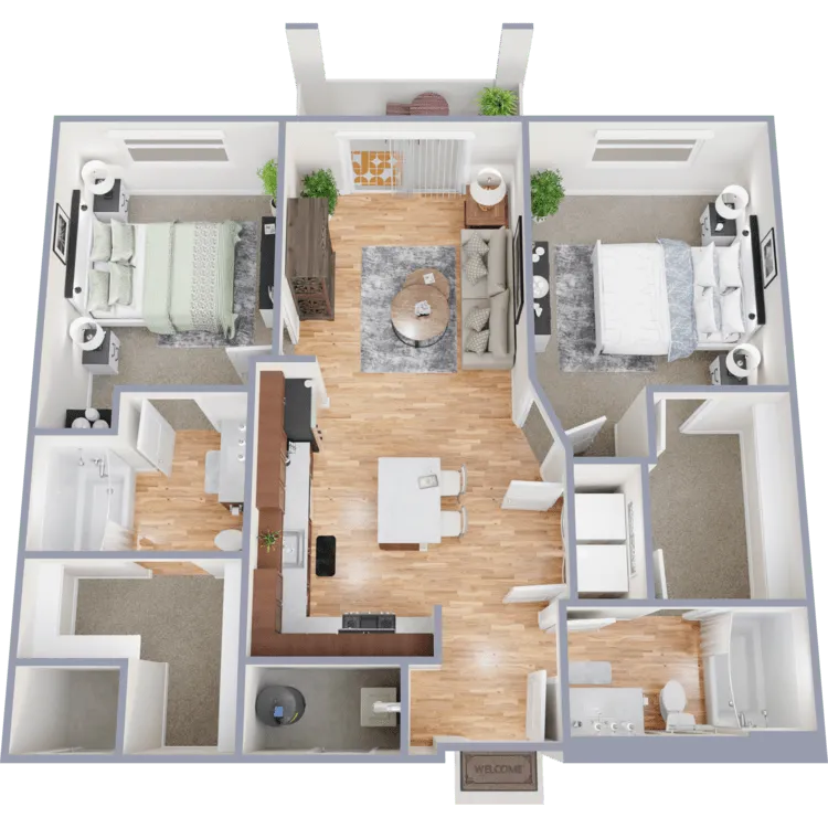 A 3-D image of a spacious 2- Bedroom floorplan