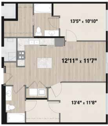 A top-down image of a spacious 2-bedroom apartment with no balcony
