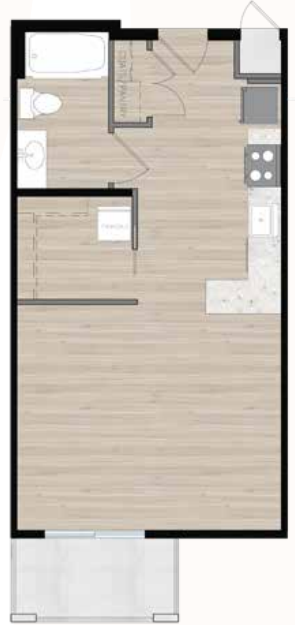 a top-down image of a spacious studio apartment with a pinninsula island.