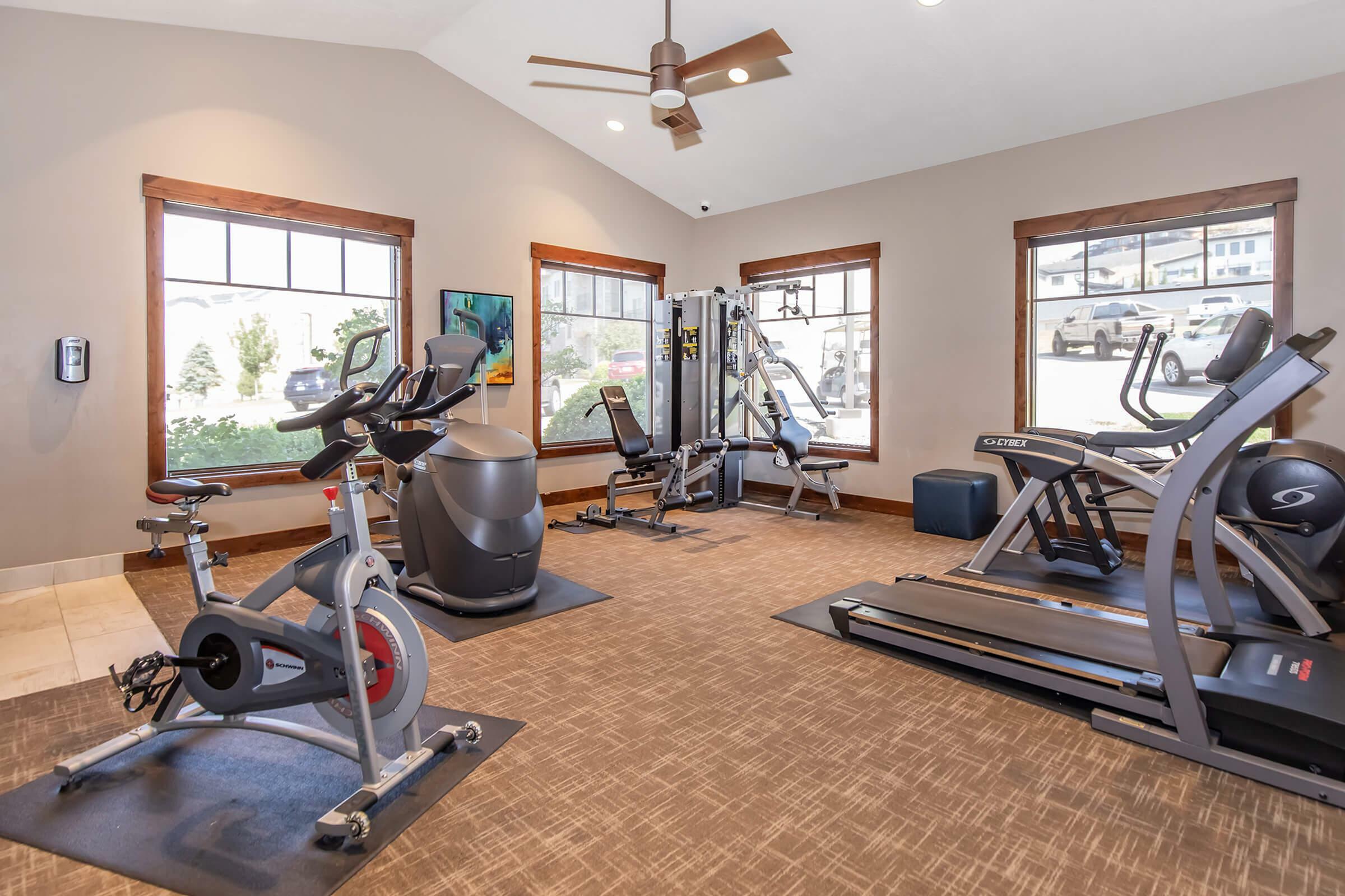 Bright and inviting fitness center in a modern apartment complex with state-of-the-art exercise equipment, including a treadmill, stationary bike, and weight machine, under high ceilings and large windows.