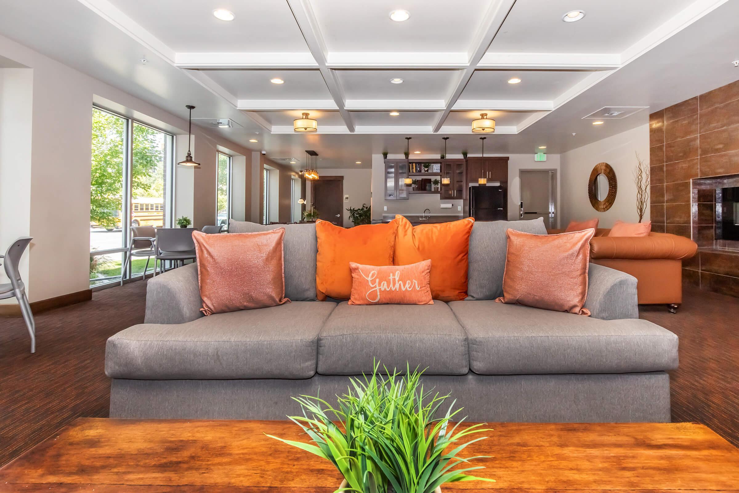 Inviting living area with elegant coffered ceiling, plush gray sofa adorned with vibrant orange cushions, and abundant natural light from floor-to-ceiling windows.