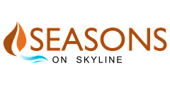 Modern SEASONS logo featuring an elegant flame and wave design in vibrant orange and blue.