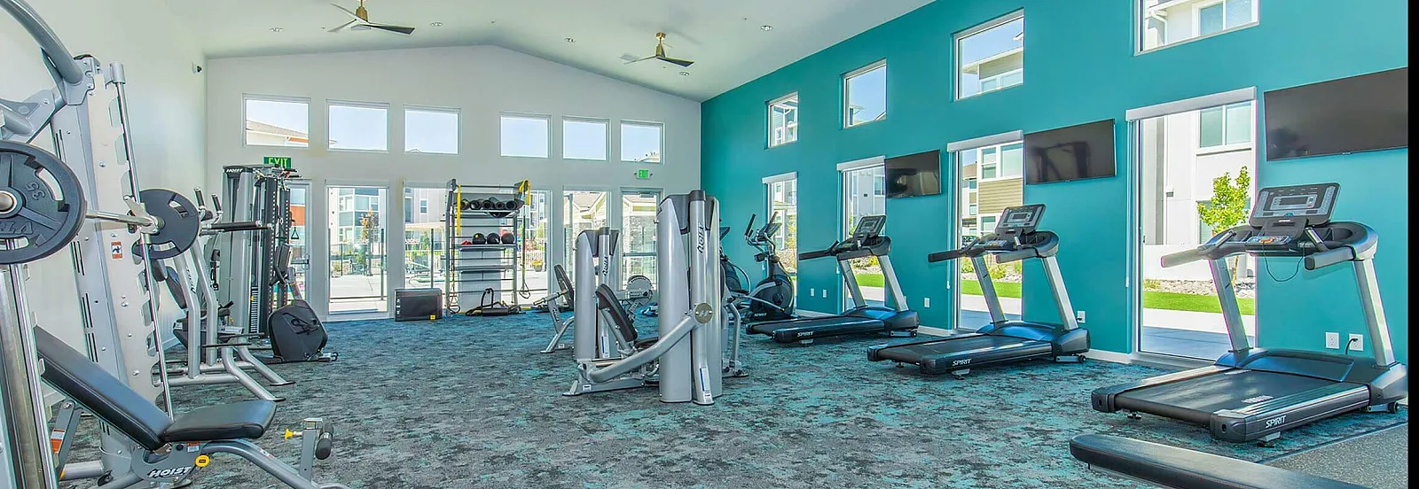 Modern fitness center with top-of-the-line equipment, natural light, and vibrant turquoise accents.