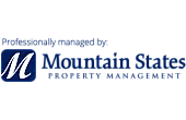 A graphic that reads "Professionally managed by:" followed by the Mountain States Property Management logo. The logo includes a stylized white "M" inside a blue square next to the company name in blue and grey text
