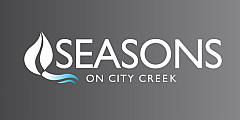 Elegant Seasons on City Creek logo featuring stylized leaf and wave on a sleek gray background.