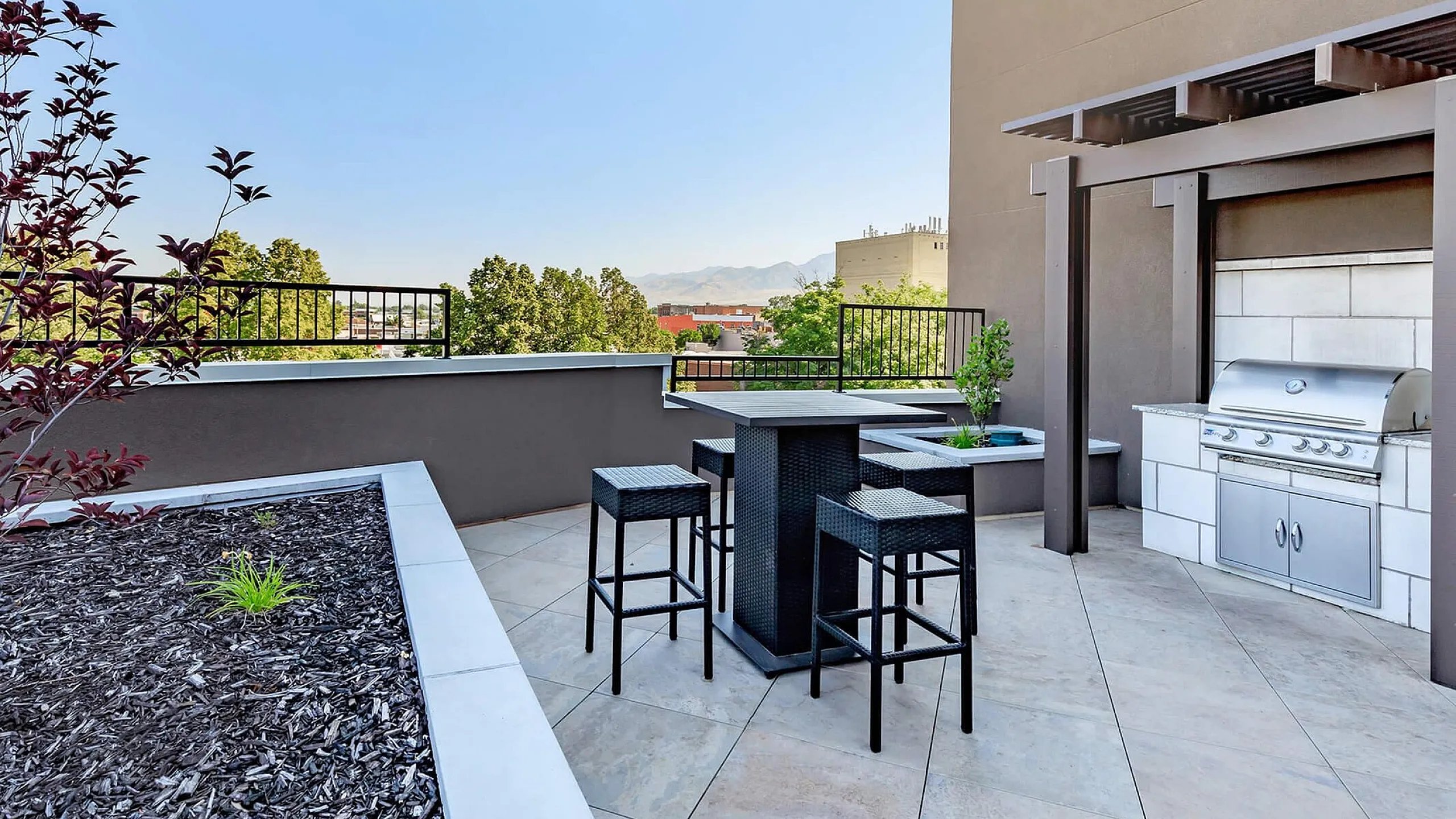 rooftop deck with mountain views showcasing a 6-burner gas grill and seating/dining area