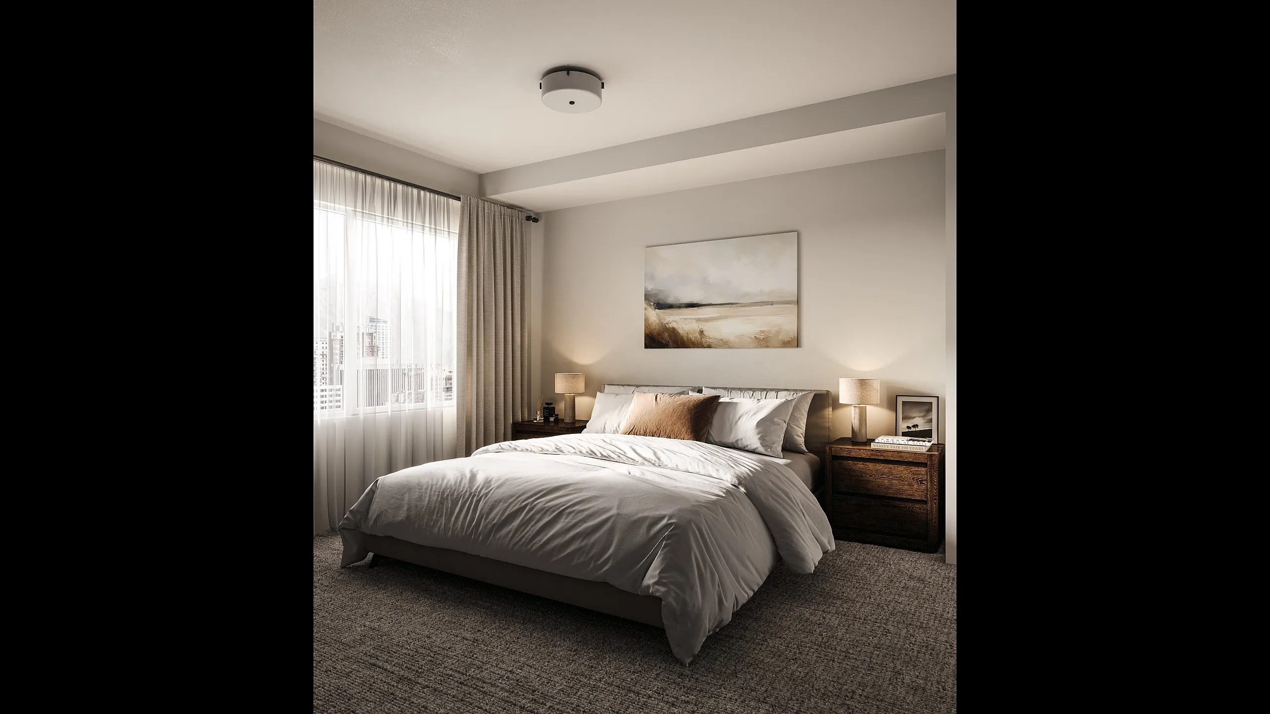 Inviting bedroom with elegant decor, featuring a plush bed, warm lighting, and cityscape views through large windows.