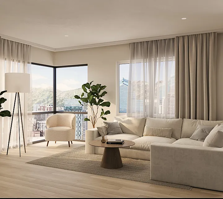 Bright and elegant living room with panoramic city views, featuring a plush corner sofa, stylish armchair, and modern decor.