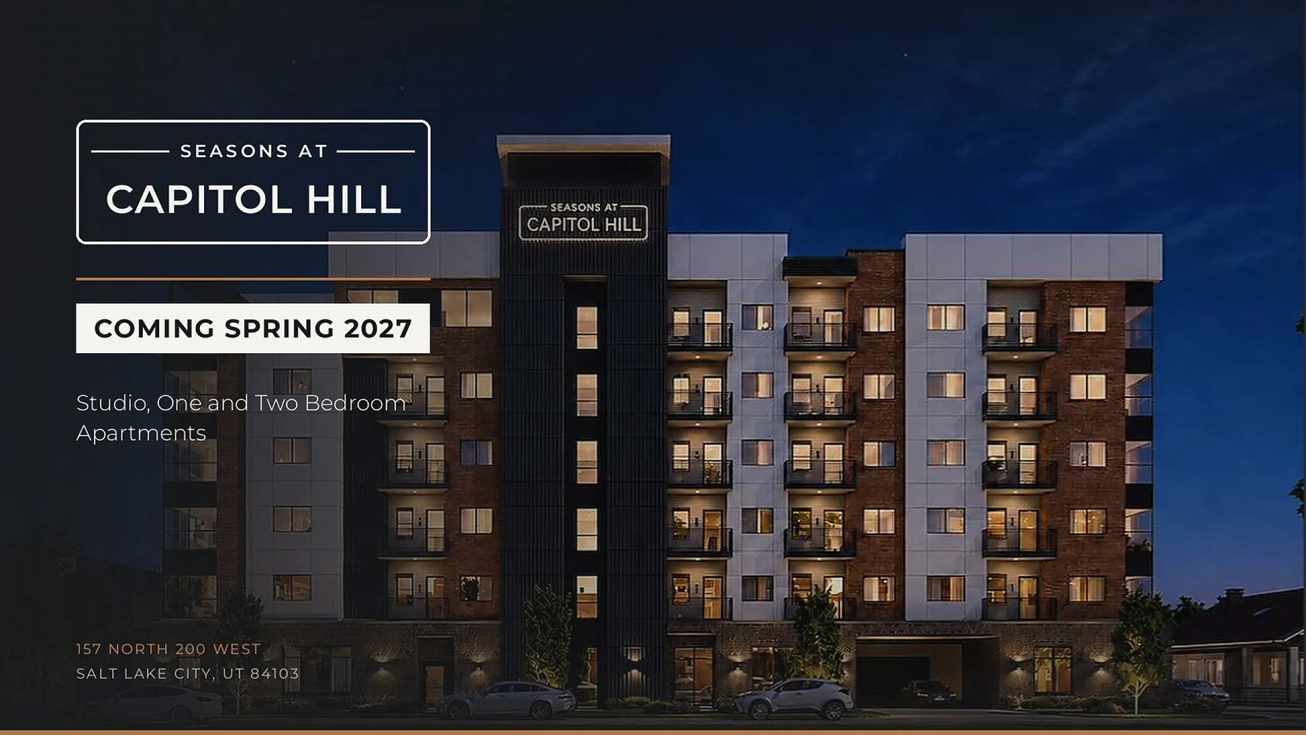 Seasons at Capitol Hill, offering stylish studio, one, and two-bedroom apartments, coming Spring 2027 in Salt Lake City.