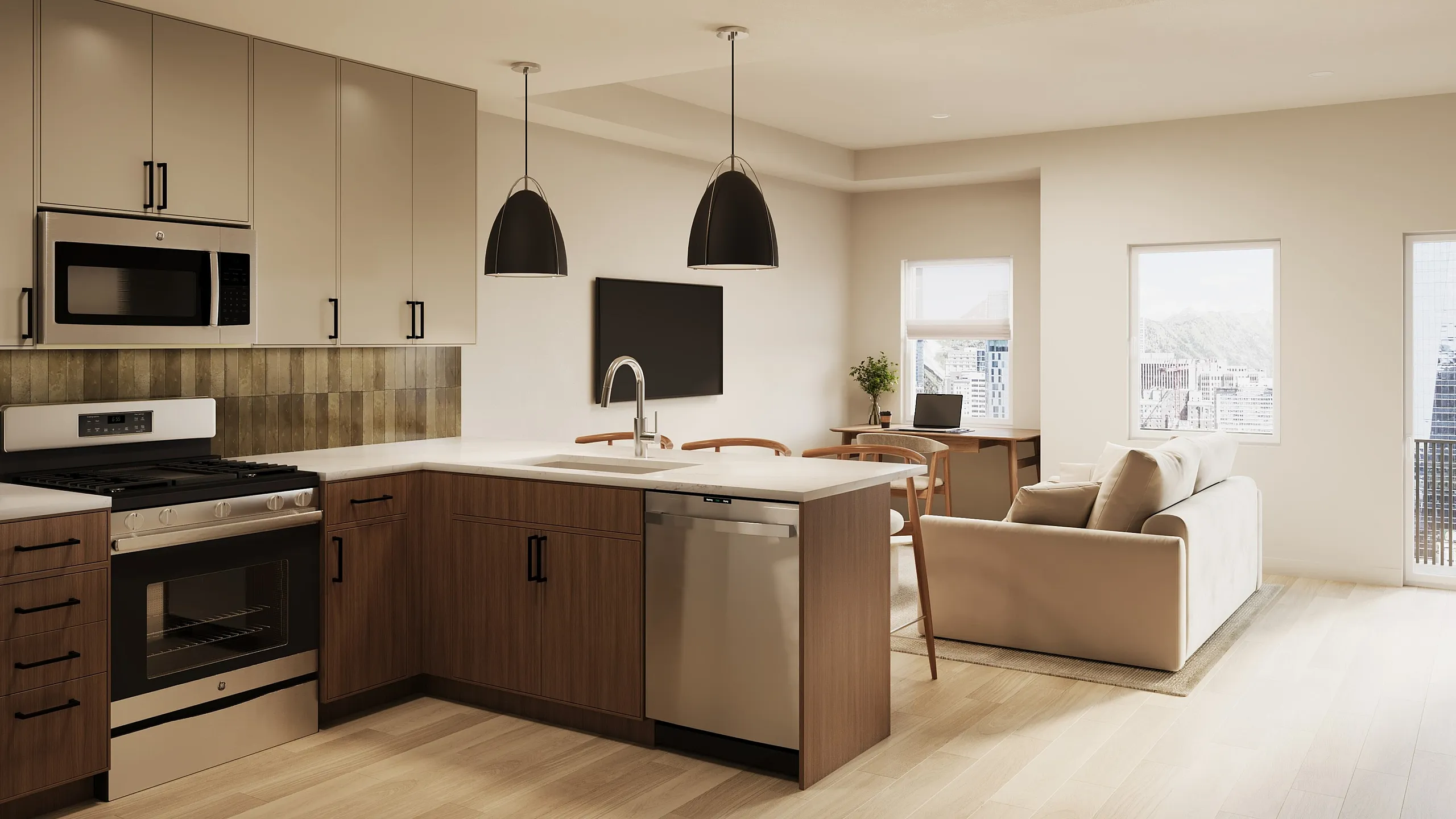 Modern open-plan kitchen and living area with sleek cabinetry, cozy seating, and large windows offering city views.
