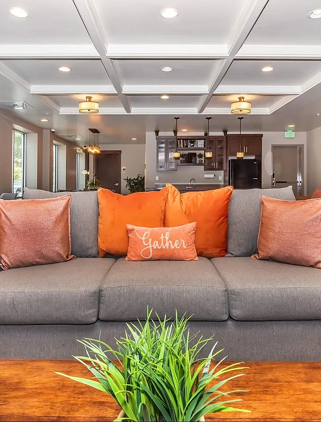 Inviting living room with elegant coffered ceiling, plush gray sofa adorned with vibrant orange cushions, and a chic open kitchen in the background, bathed in natural light from large windows.