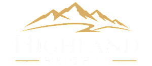 Elegant Highland Heights logo with gold mountain peaks and a curved path design.