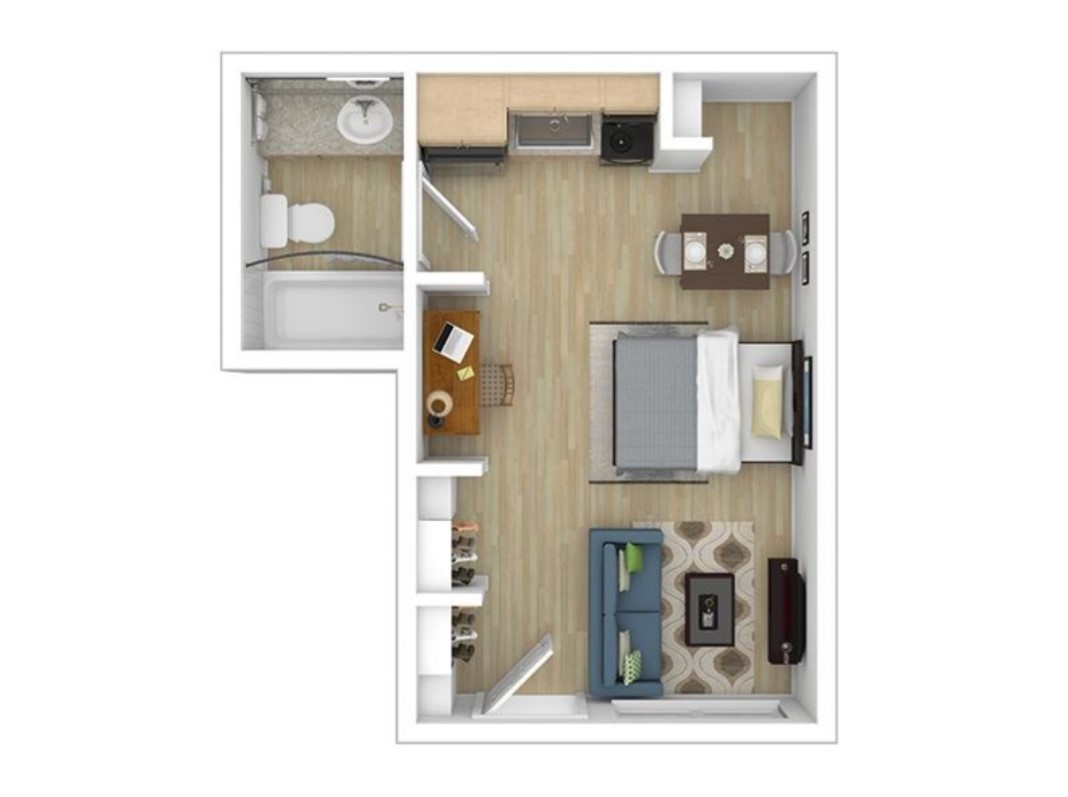 Modern L-shaped floor plan featuring a cozy bedroom, functional kitchen, elegant dining area, and a stylish living room.