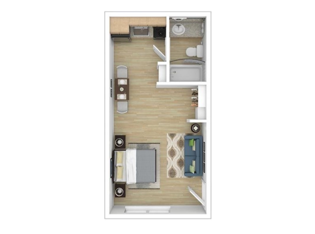 Chic studio apartment floor plan featuring an open-concept layout with a cozy bedroom, compact kitchen, stylish living area, and a modern bathroom.