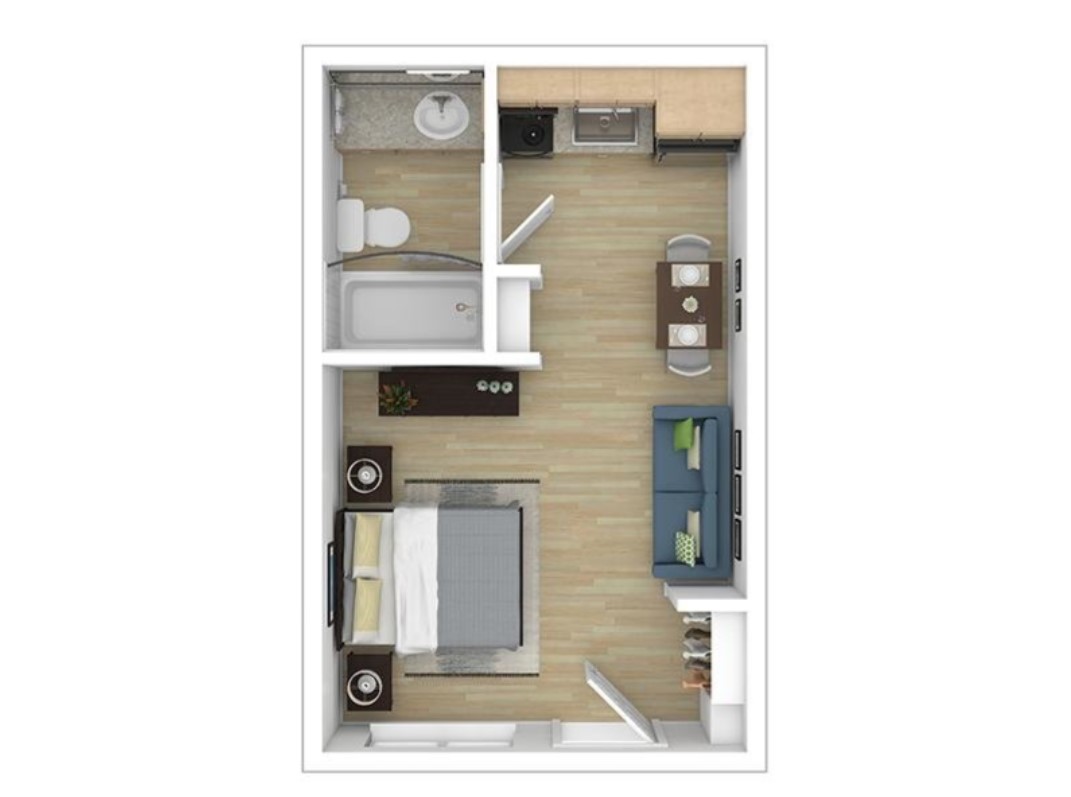 Modern studio apartment floor plan with a cozy bedroom, integrated living and dining area, and a compact kitchen.