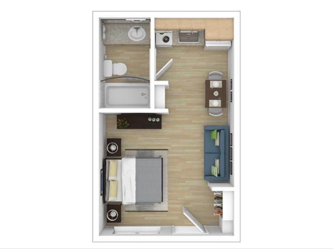 Chic studio apartment floor plan showcasing a cozy bedroom area, open-concept living space, modern kitchen with dining, and sleek bathroom.